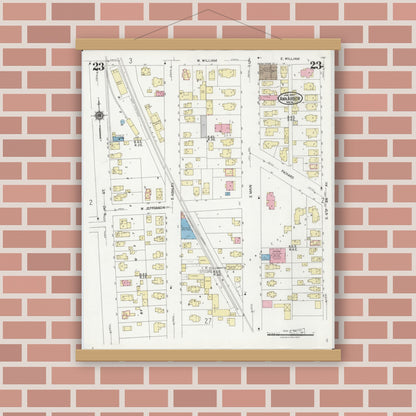 Old map wall art mockup — magnetic wood frame on brick wall — Sanborn Fire Insurance Map from Ann Arbor, Washtenaw County, Michigan (1925), Sheet #0023