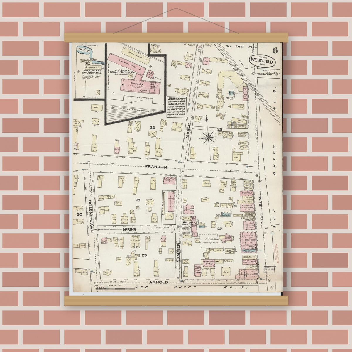Old map wall art mockup — magnetic wood frame on brick wall — Sanborn Fire Insurance Map from Westfield, Hampden County, Massachusetts (1884), Sheet #0006