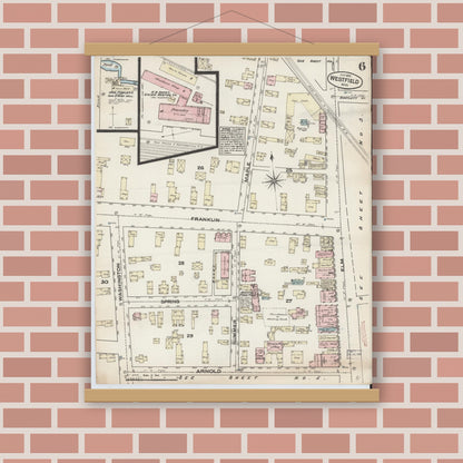 Old map wall art mockup — magnetic wood frame on brick wall — Sanborn Fire Insurance Map from Westfield, Hampden County, Massachusetts (1884), Sheet #0006