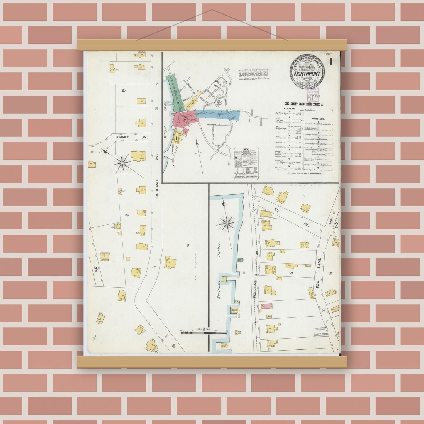 Old map wall art mockup — magnetic wood frame on brick wall — Sanborn Fire Insurance Map from Northport, Suffolk County, New York (1902), Sheet #0001