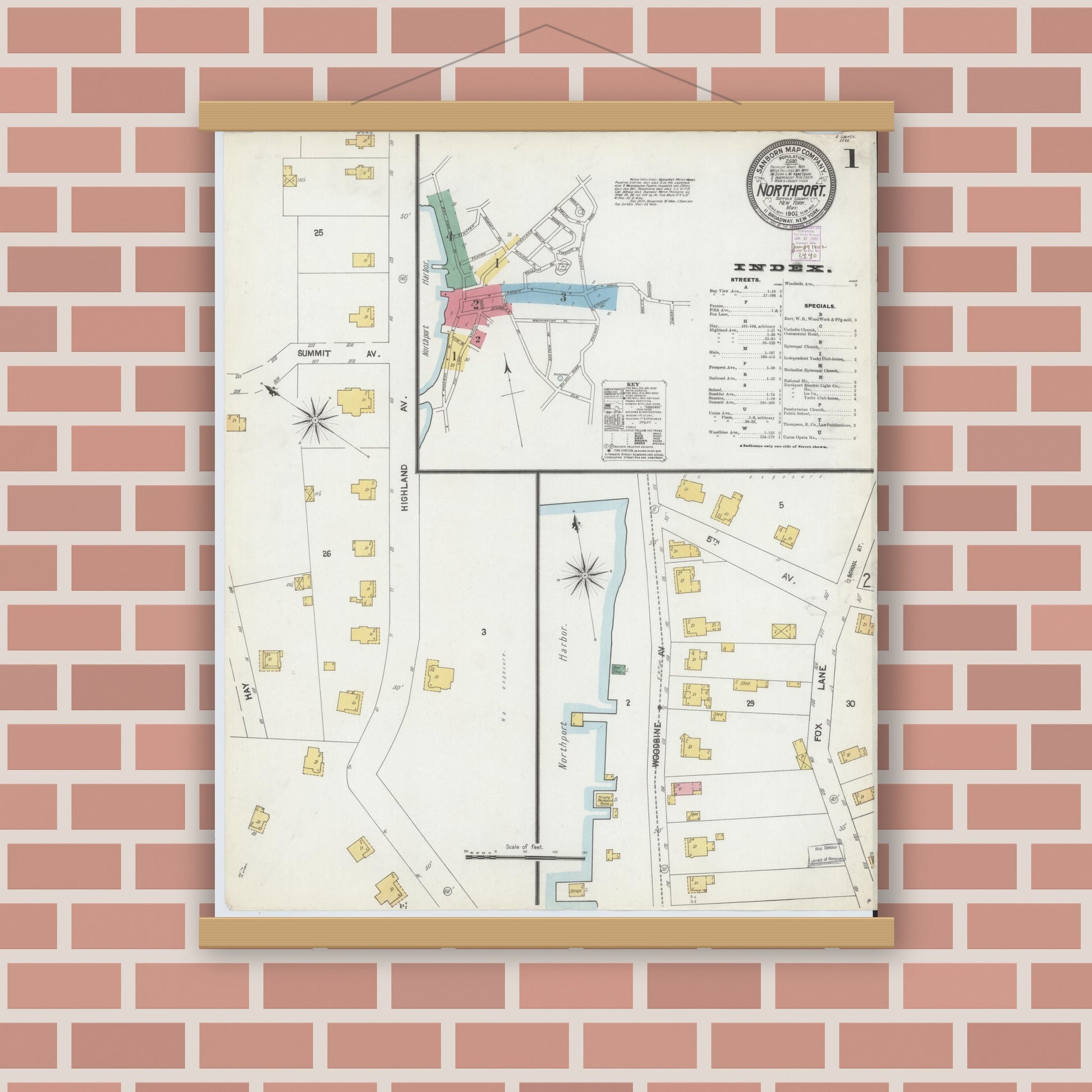 Old map wall art mockup — magnetic wood frame on brick wall — Sanborn Fire Insurance Map from Northport, Suffolk County, New York (1902), Sheet #0001