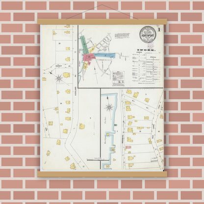 Old map wall art mockup — magnetic wood frame on brick wall — Sanborn Fire Insurance Map from Northport, Suffolk County, New York (1902), Sheet #0001