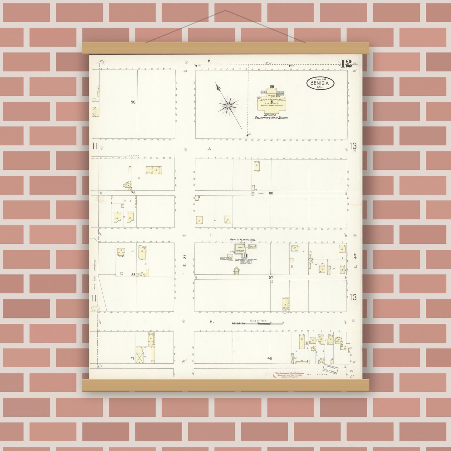 Old map wall art mockup — magnetic wood frame on brick wall — Sanborn Fire Insurance Map from Benicia, Solano County, California (1899), Sheet #0012