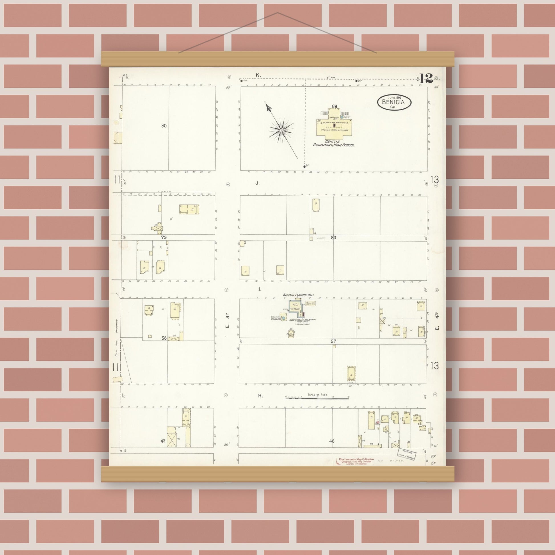 Old map wall art mockup — magnetic wood frame on brick wall — Sanborn Fire Insurance Map from Benicia, Solano County, California (1899), Sheet #0012
