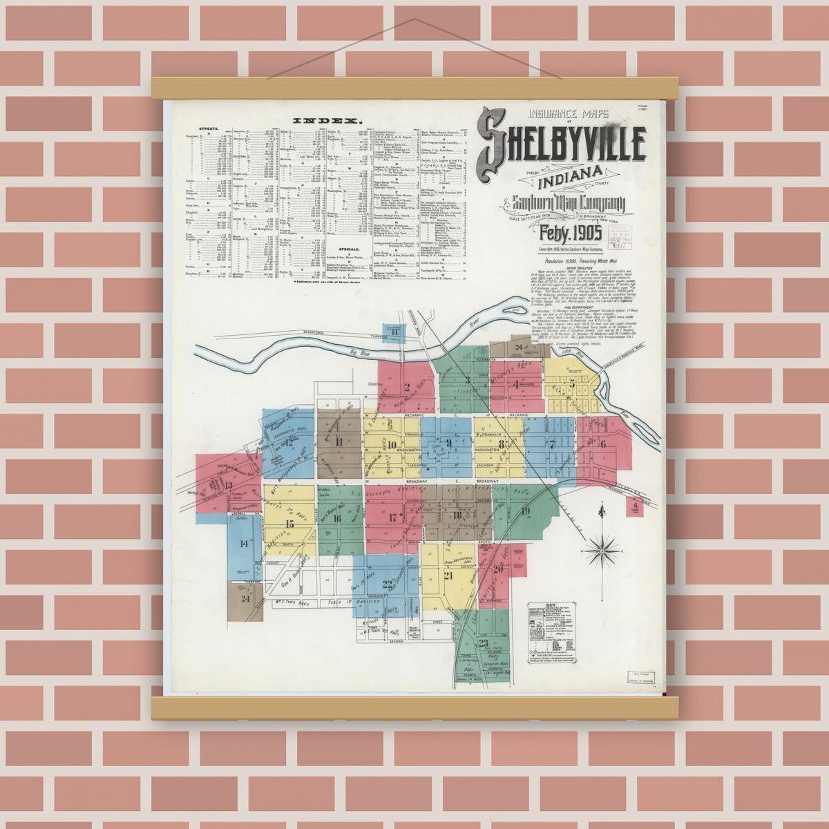 Old map wall art mockup — magnetic wood frame on brick wall — Sanborn Fire Insurance Map from Shelbyville, Shelby County, Indiana (1905) - Complete Map Set