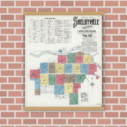 Old map wall art mockup — magnetic wood frame on brick wall — Sanborn Fire Insurance Map from Shelbyville, Shelby County, Indiana (1905) - Complete Map Set