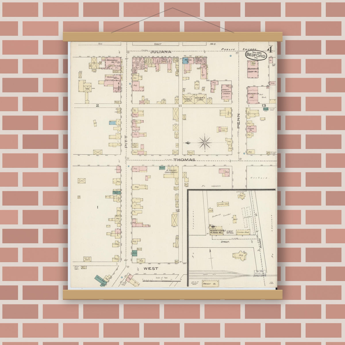 Old map wall art mockup — magnetic wood frame on brick wall — Sanborn Fire Insurance Map from Bedford, Bedford County, Pennsylvania (1885), Sheet #0004