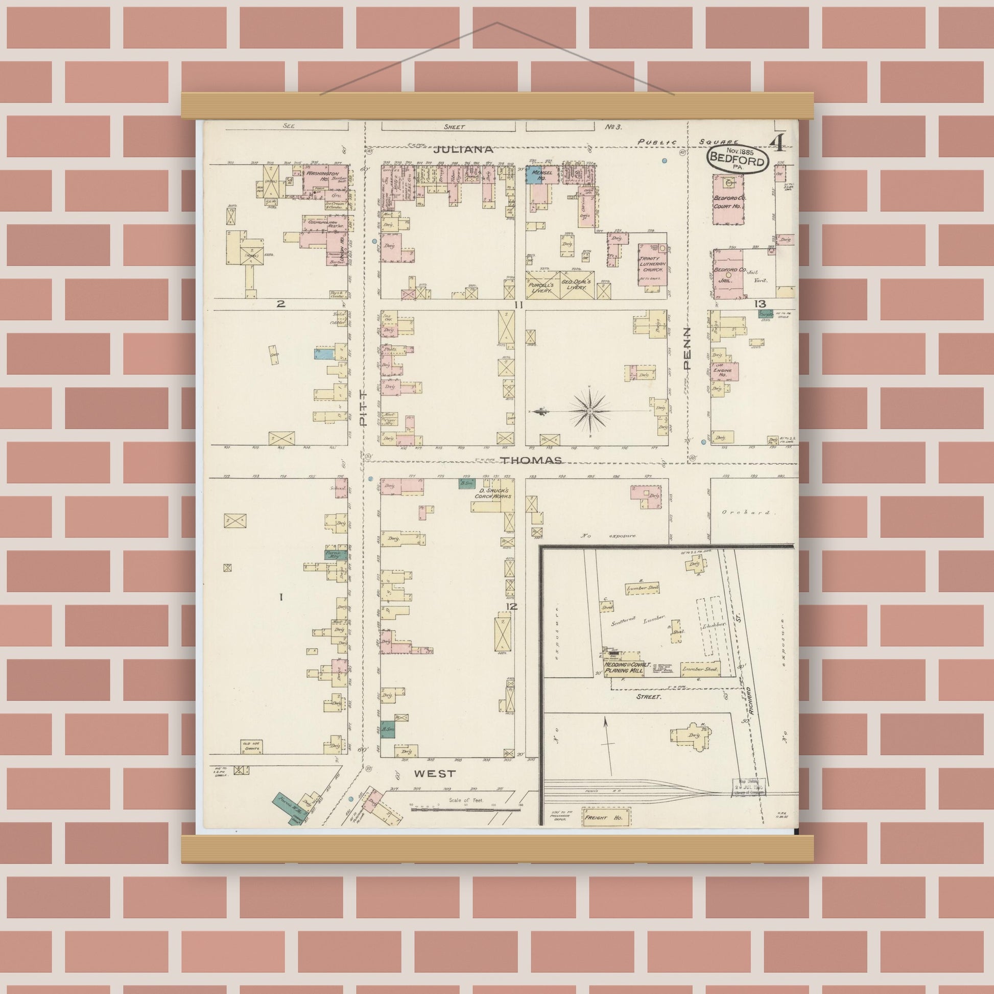 Old map wall art mockup — magnetic wood frame on brick wall — Sanborn Fire Insurance Map from Bedford, Bedford County, Pennsylvania (1885), Sheet #0004