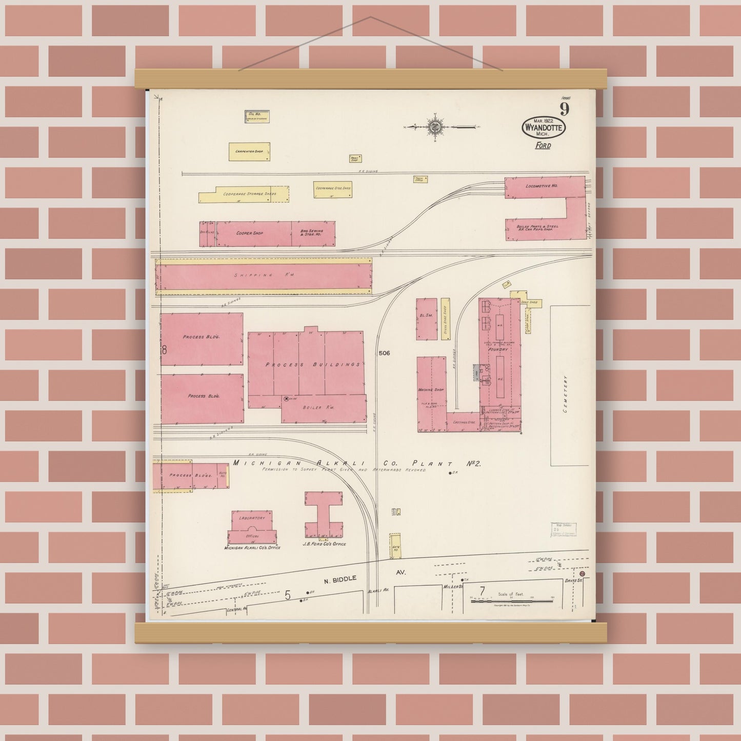 Old map wall art mockup — magnetic wood frame on brick wall — Sanborn Fire Insurance Map from Wyandotte, Wayne County, Michigan (1922), Sheet #0009