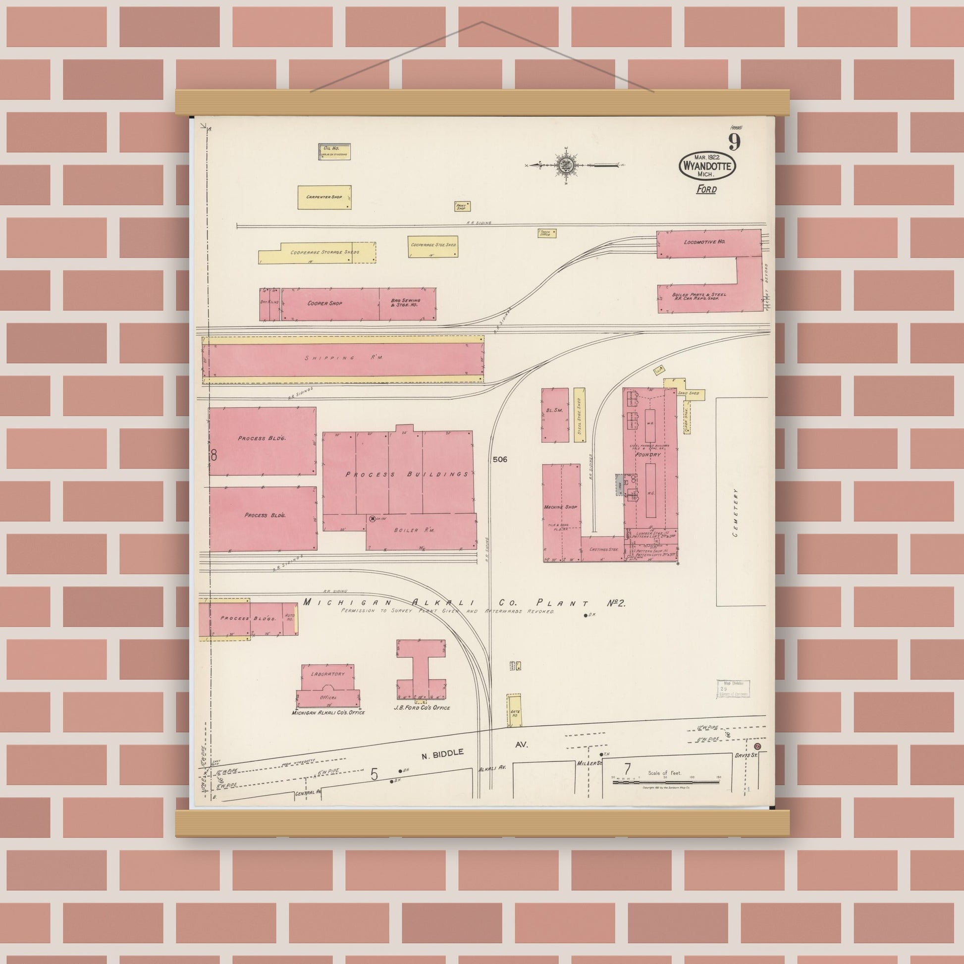 Old map wall art mockup — magnetic wood frame on brick wall — Sanborn Fire Insurance Map from Wyandotte, Wayne County, Michigan (1922), Sheet #0009
