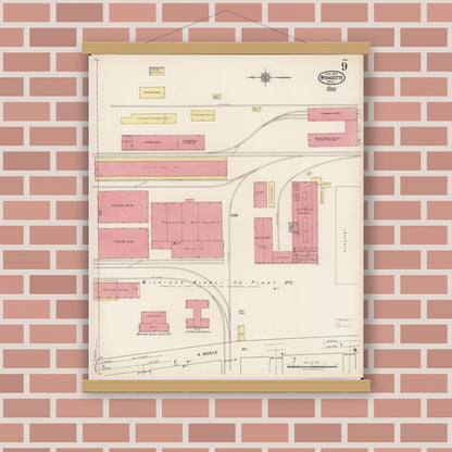 Old map wall art mockup — magnetic wood frame on brick wall — Sanborn Fire Insurance Map from Wyandotte, Wayne County, Michigan (1922), Sheet #0009