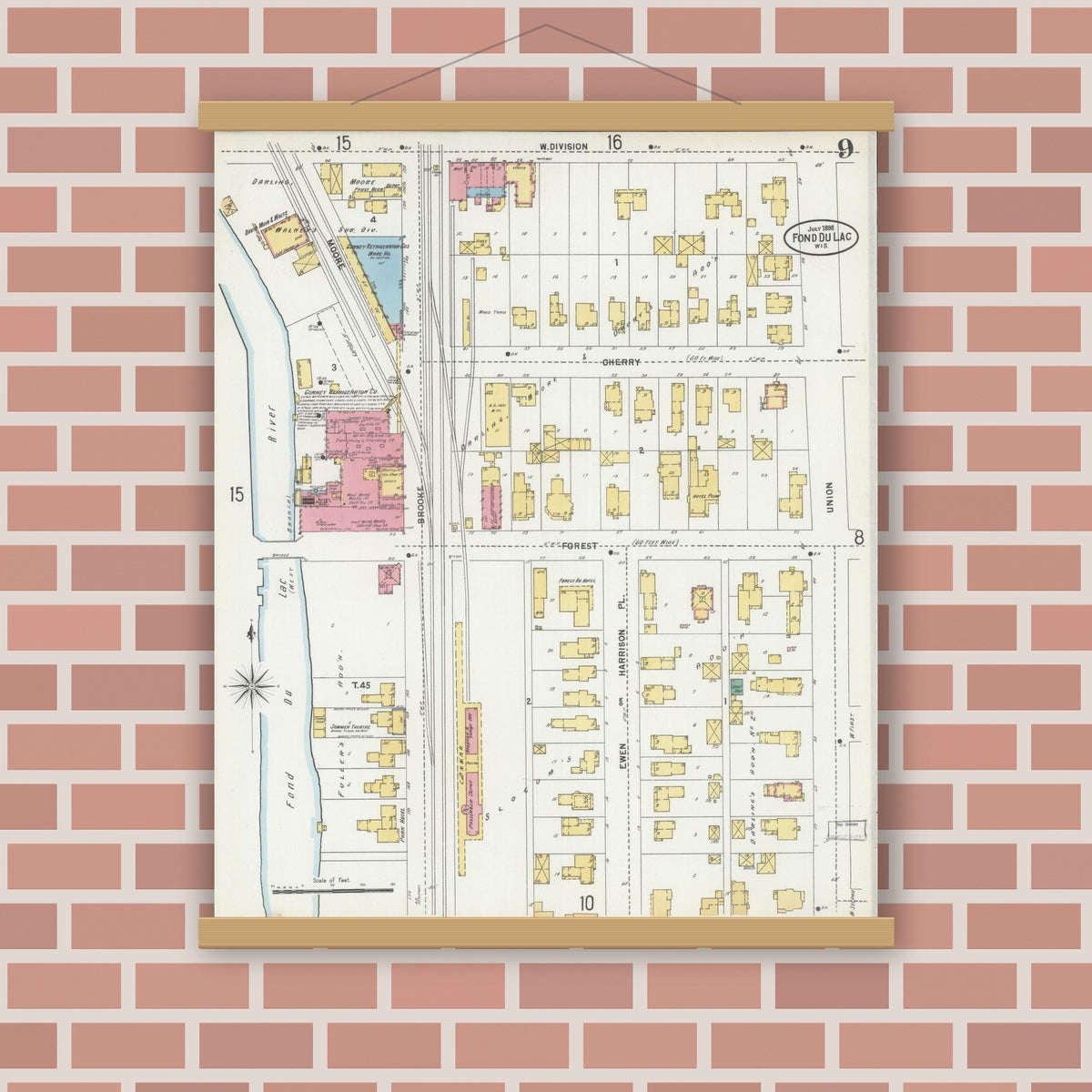 Old map wall art mockup — magnetic wood frame on brick wall — Sanborn Fire Insurance Map from Fond du Lac, Fond du Lac County, Wisconsin (1898), Sheet #0009