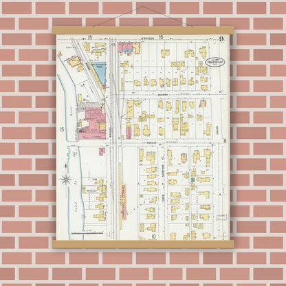 Old map wall art mockup — magnetic wood frame on brick wall — Sanborn Fire Insurance Map from Fond du Lac, Fond du Lac County, Wisconsin (1898), Sheet #0009
