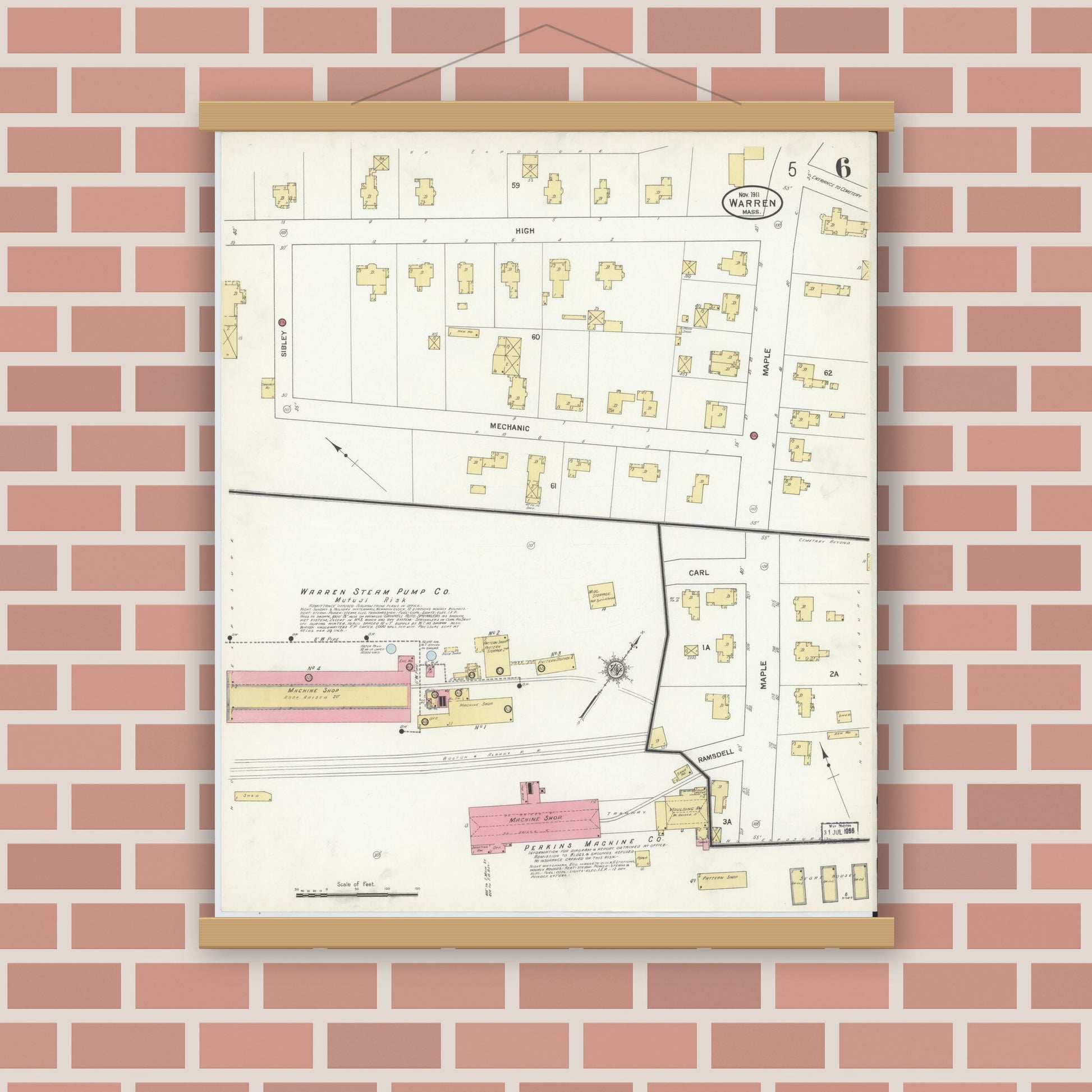 Old map wall art mockup — magnetic wood frame on brick wall — Sanborn Fire Insurance Map from Warren, Worcester County, Massachusetts (1911), Sheet #0006