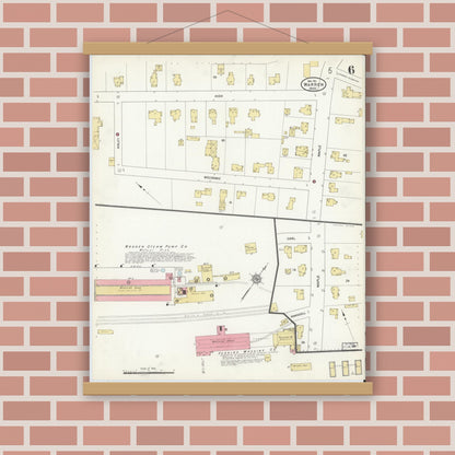 Old map wall art mockup — magnetic wood frame on brick wall — Sanborn Fire Insurance Map from Warren, Worcester County, Massachusetts (1911), Sheet #0006