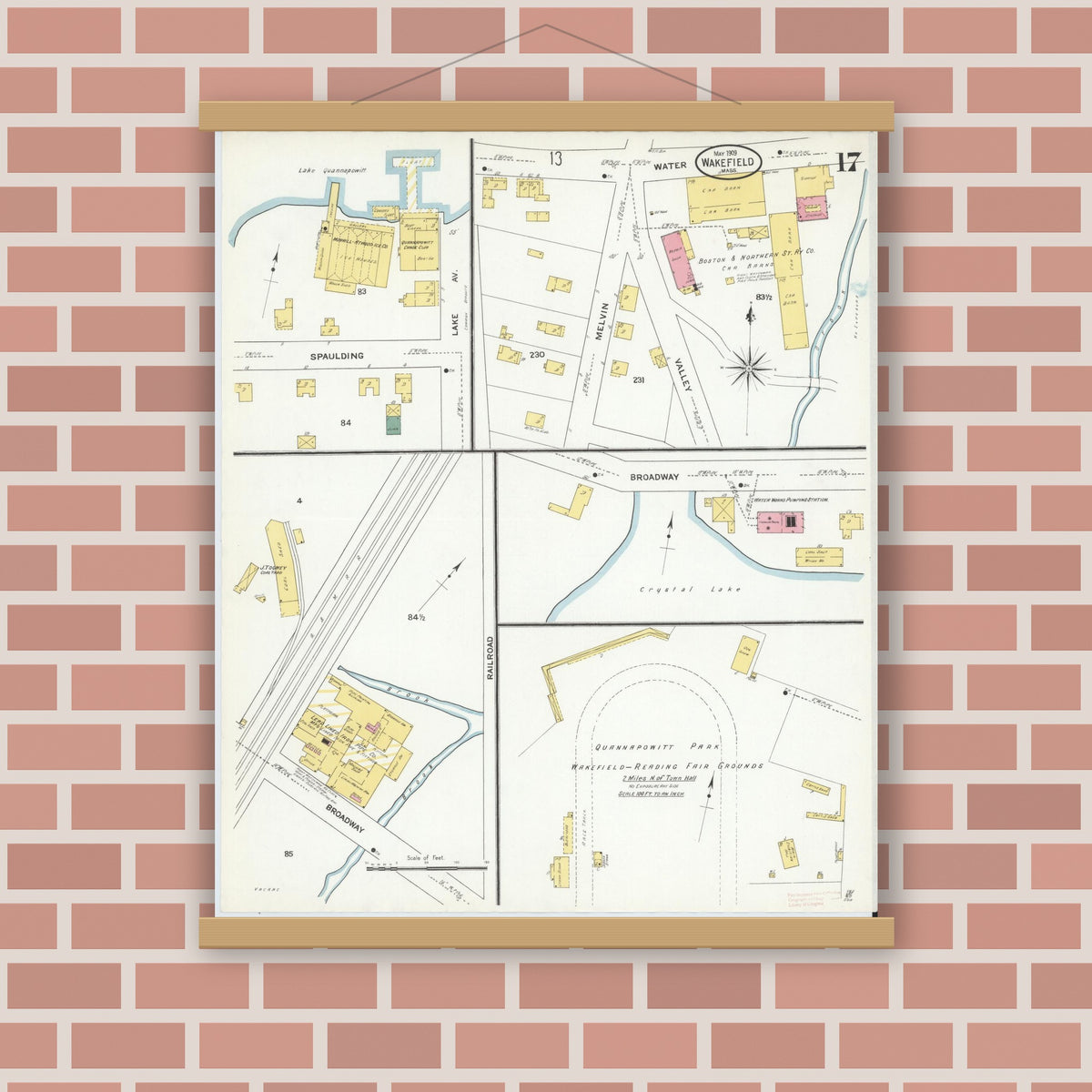 Old map wall art mockup — magnetic wood frame on brick wall — Sanborn Fire Insurance Map from Wakefield, Middlesex County, Massachusetts (1909), Sheet #0017