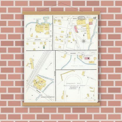 Old map wall art mockup — magnetic wood frame on brick wall — Sanborn Fire Insurance Map from Wakefield, Middlesex County, Massachusetts (1909), Sheet #0017