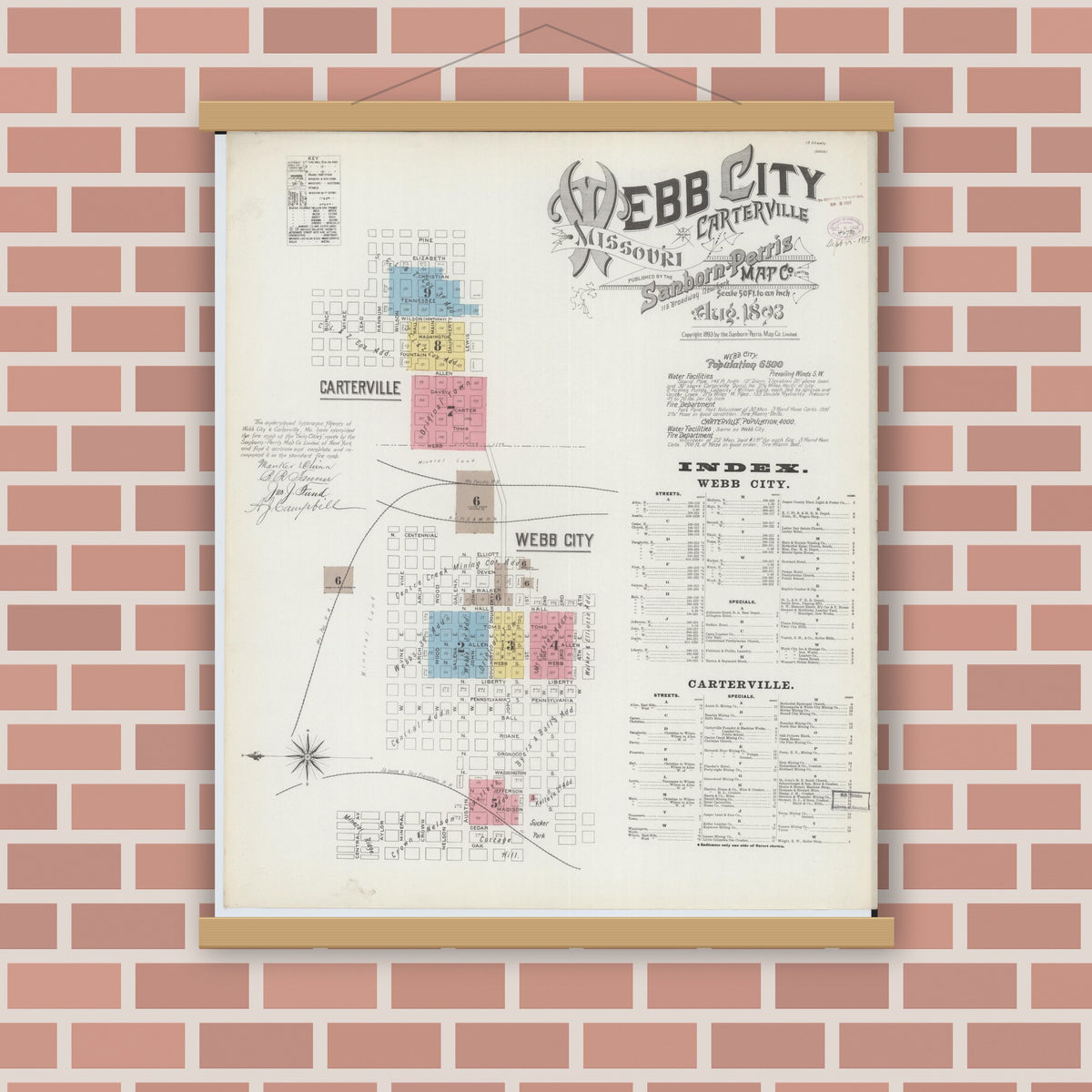 Old map wall art mockup — magnetic wood frame on brick wall — Sanborn Fire Insurance Map from Webb City, Jasper County, Missouri (1893) - Complete Map Set