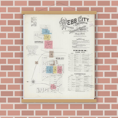 Old map wall art mockup — magnetic wood frame on brick wall — Sanborn Fire Insurance Map from Webb City, Jasper County, Missouri (1893) - Complete Map Set