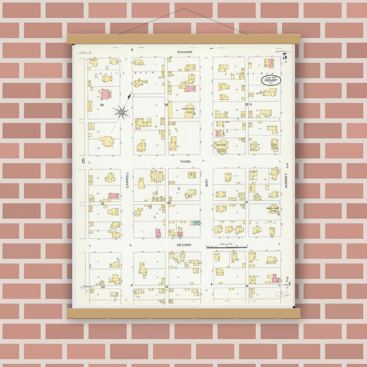 Old map wall art mockup — magnetic wood frame on brick wall — Sanborn Fire Insurance Map from Henry, Marshall County, Illinois (1907), Sheet #0005