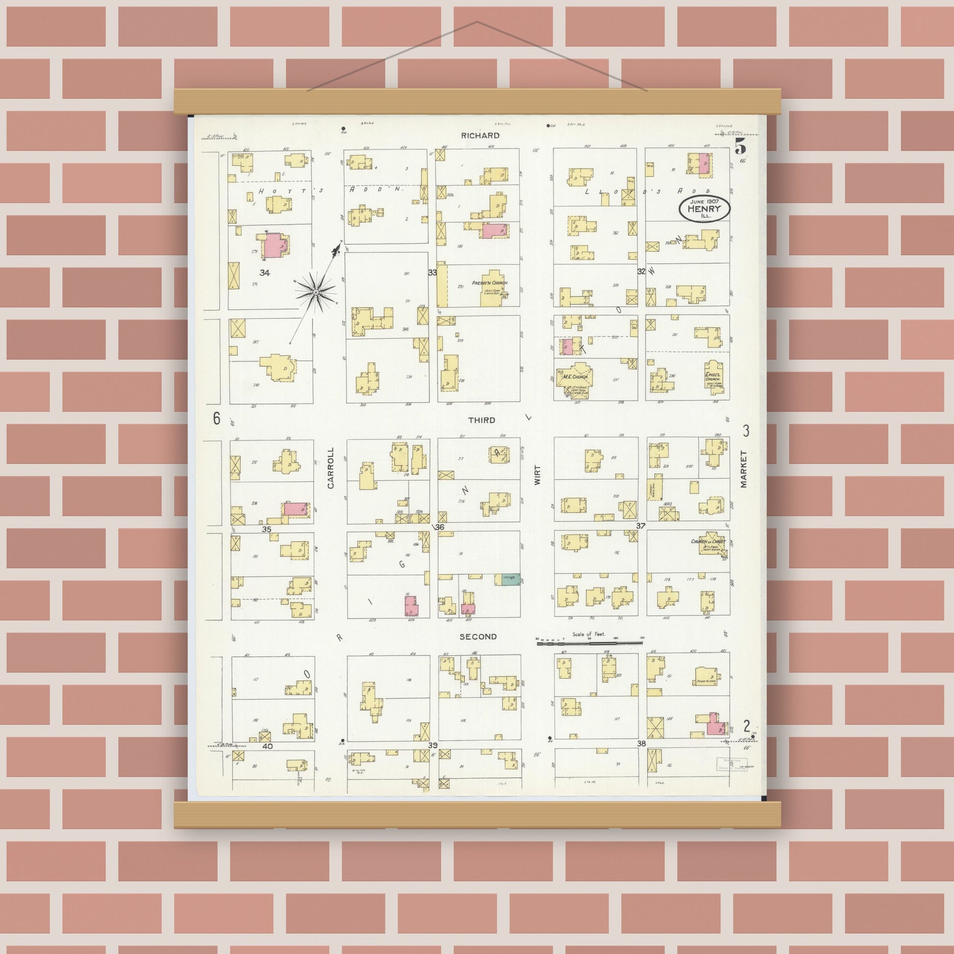 Old map wall art mockup — magnetic wood frame on brick wall — Sanborn Fire Insurance Map from Henry, Marshall County, Illinois (1907), Sheet #0005