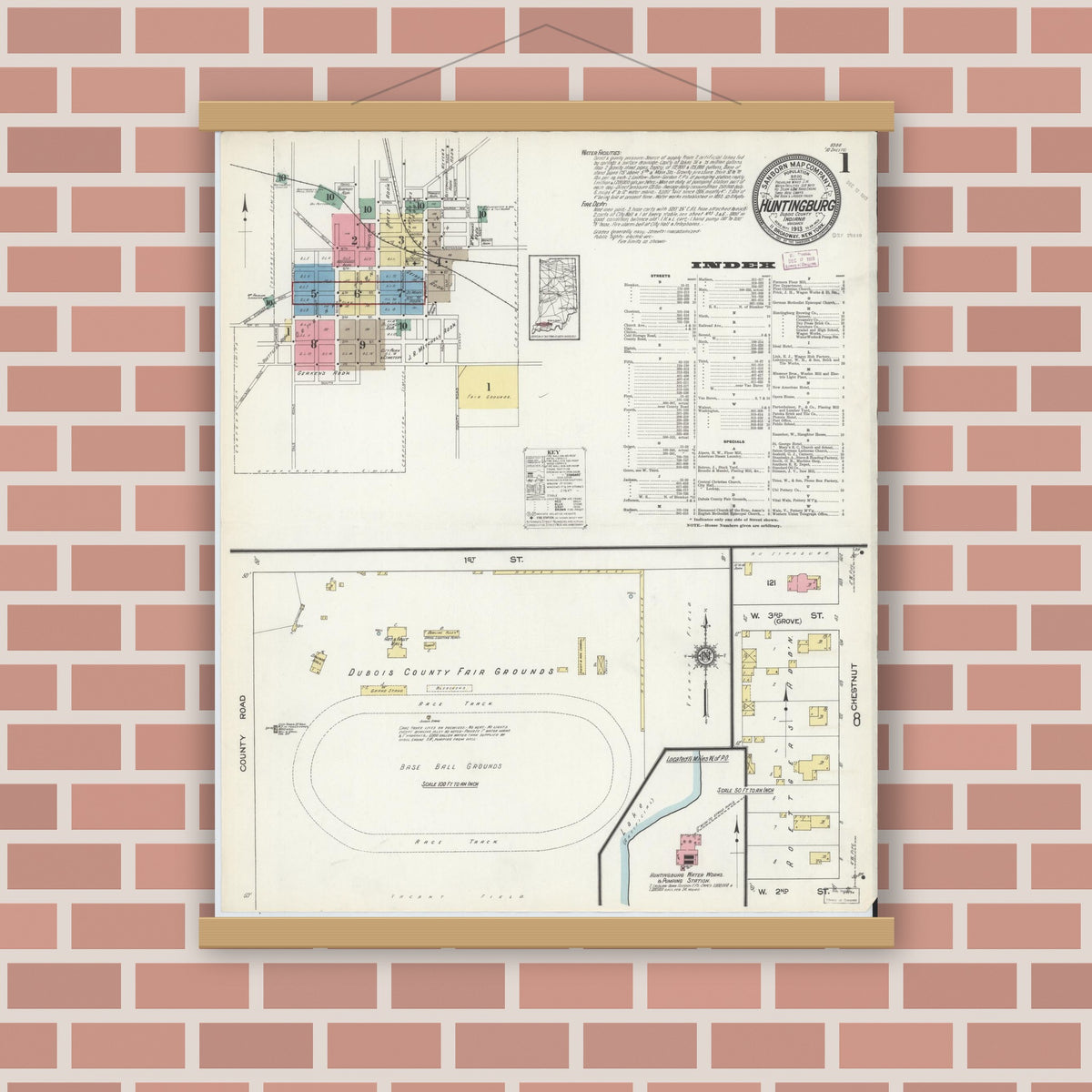 Old map wall art mockup — magnetic wood frame on brick wall — Sanborn Fire Insurance Map from Huntingburg, Dubois County, Indiana (1913) - Complete Map Set