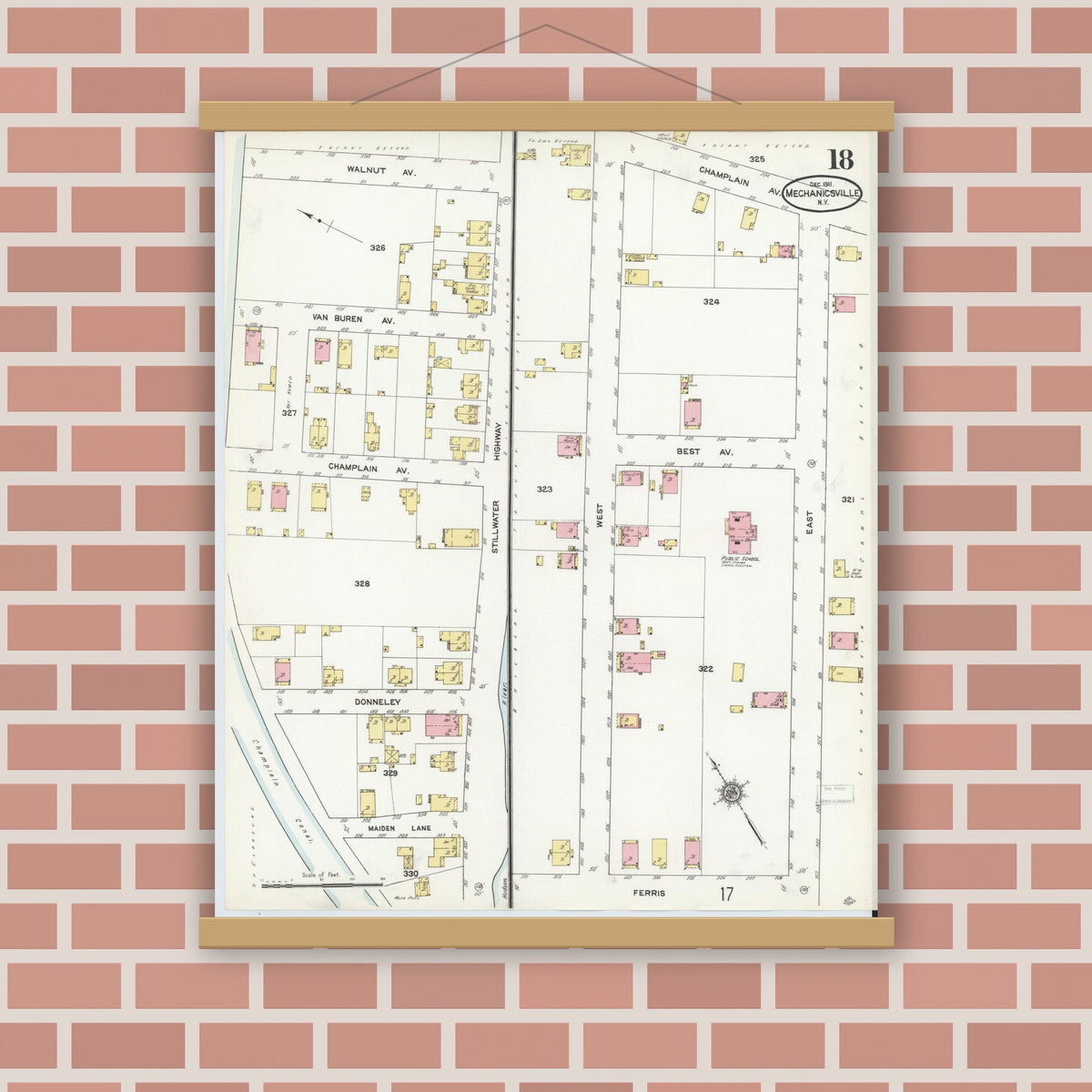 Old map wall art mockup — magnetic wood frame on brick wall — Sanborn Fire Insurance Map from Mechanicville, Saratoga County, New York (1911), Sheet #0018