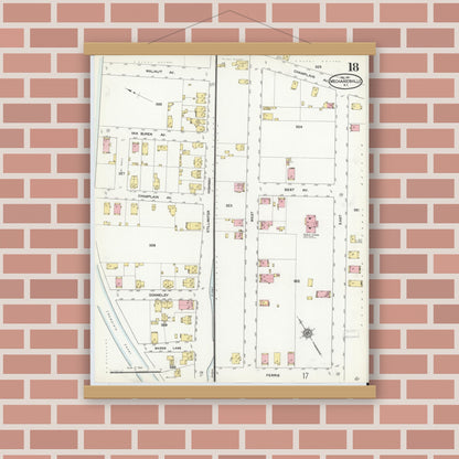 Old map wall art mockup — magnetic wood frame on brick wall — Sanborn Fire Insurance Map from Mechanicville, Saratoga County, New York (1911), Sheet #0018