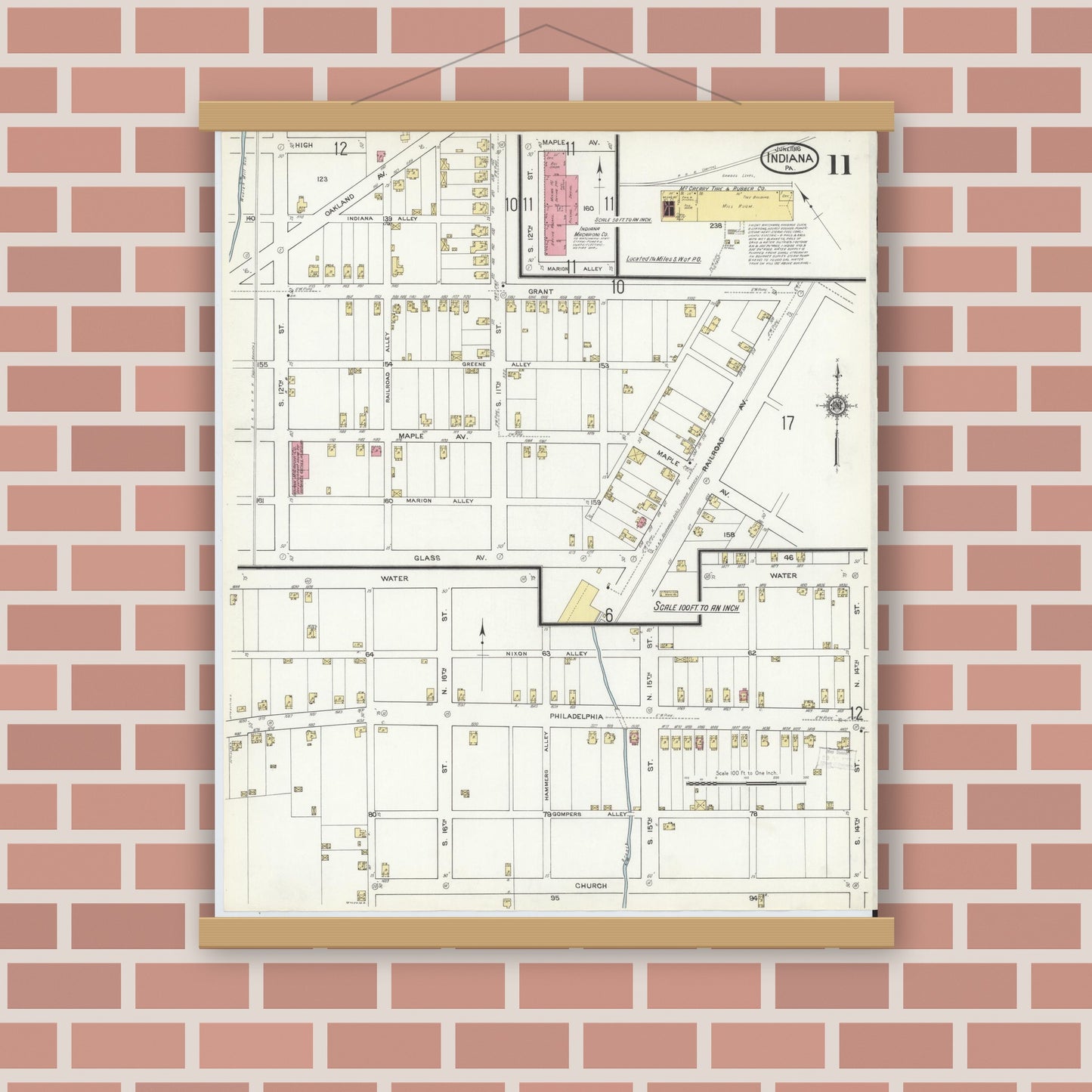 Old map wall art mockup — magnetic wood frame on brick wall — Sanborn Fire Insurance Map from Indiana, Indiana County, Pennsylvania (1916), Sheet #0011