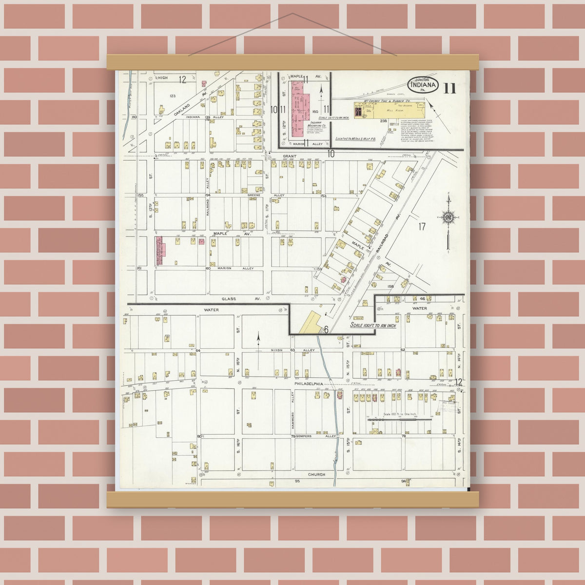 Old map wall art mockup — magnetic wood frame on brick wall — Sanborn Fire Insurance Map from Indiana, Indiana County, Pennsylvania (1916), Sheet #0011