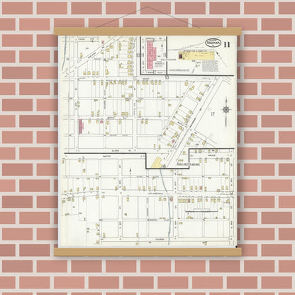 Old map wall art mockup — magnetic wood frame on brick wall — Sanborn Fire Insurance Map from Indiana, Indiana County, Pennsylvania (1916), Sheet #0011