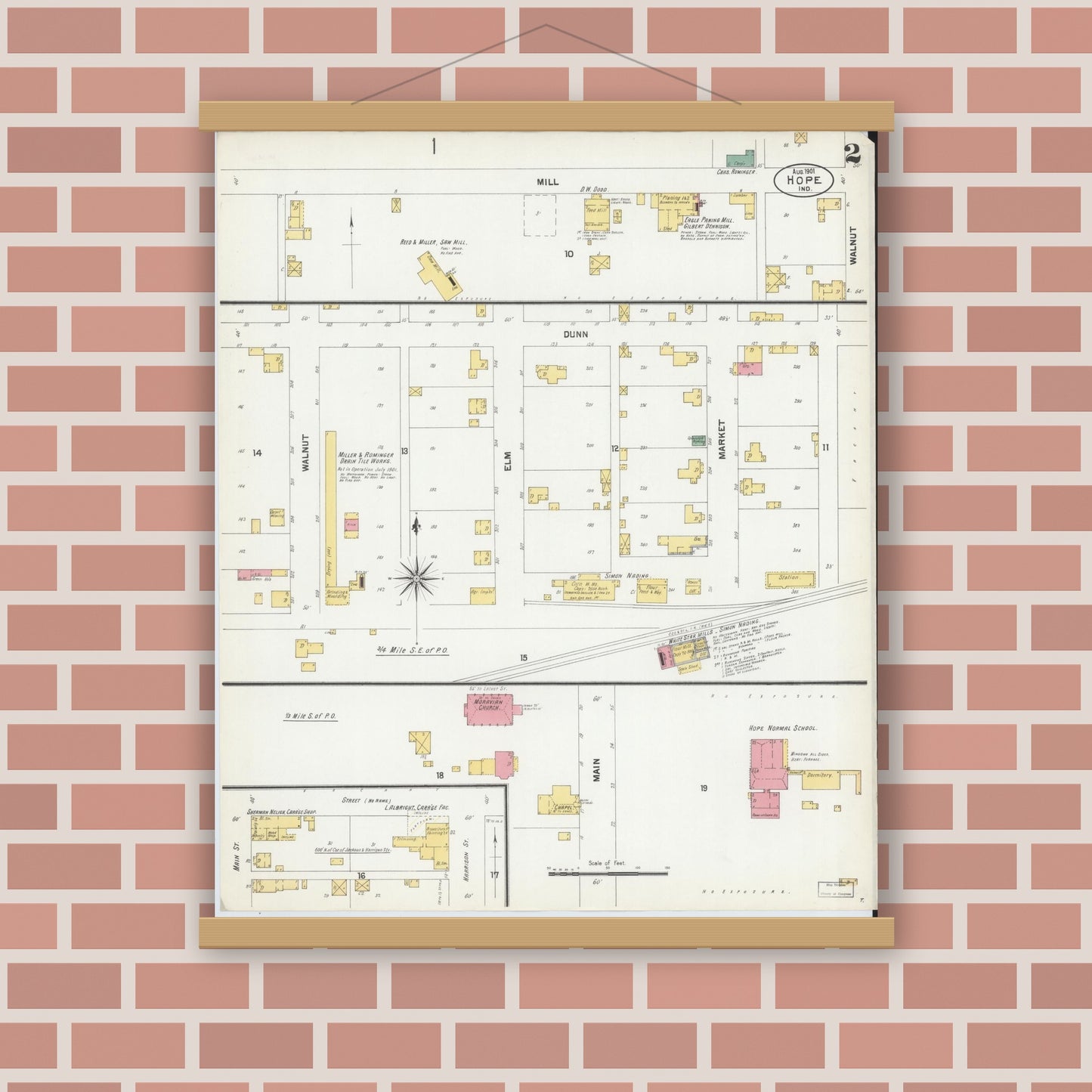 Old map wall art mockup — magnetic wood frame on brick wall — Sanborn Fire Insurance Map from Hope, Bartholomew County, Indiana (1901), Sheet #0002