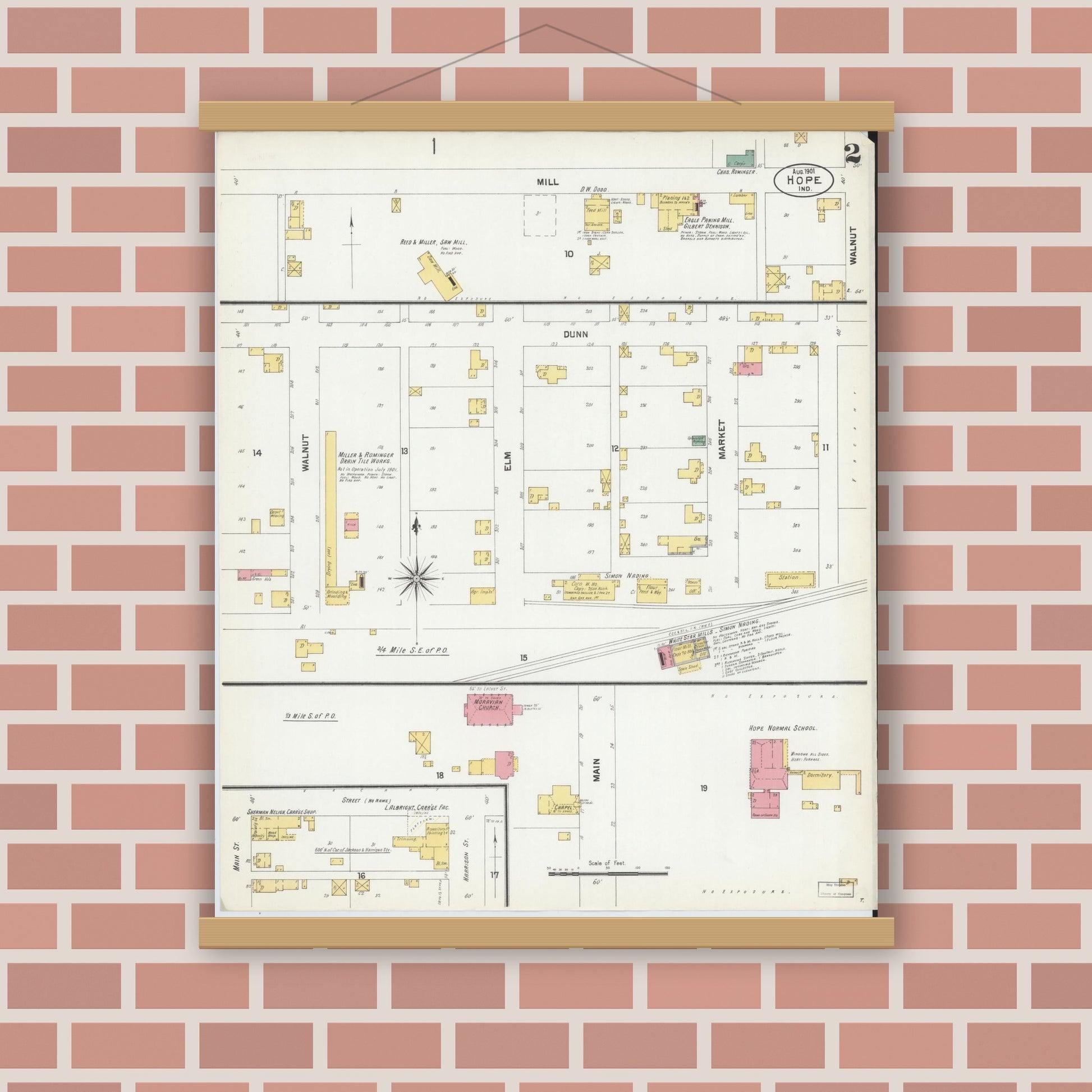 Old map wall art mockup — magnetic wood frame on brick wall — Sanborn Fire Insurance Map from Hope, Bartholomew County, Indiana (1901), Sheet #0002