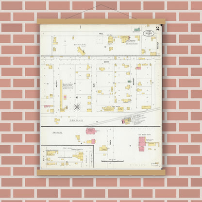 Old map wall art mockup — magnetic wood frame on brick wall — Sanborn Fire Insurance Map from Hope, Bartholomew County, Indiana (1901), Sheet #0002