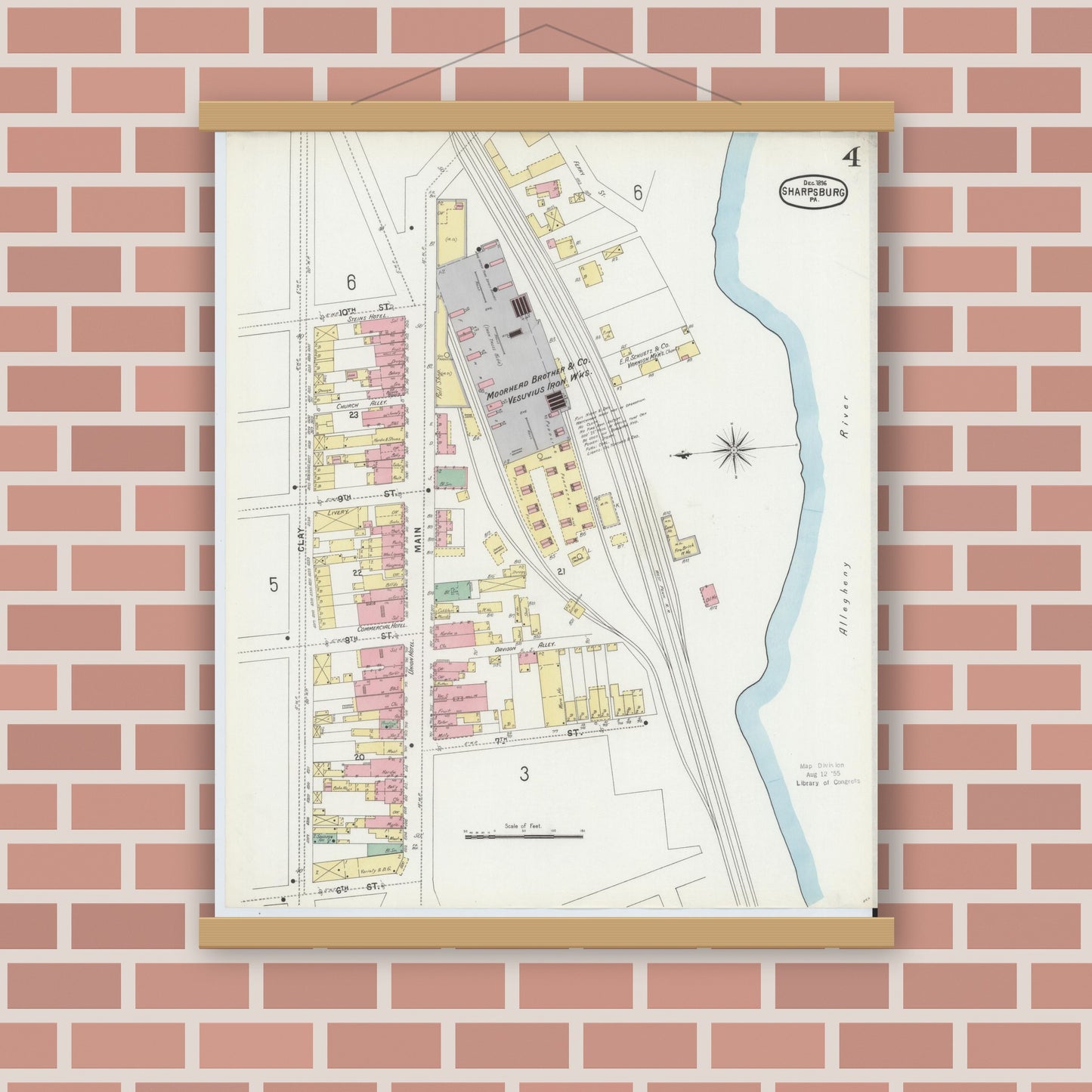 Old map wall art mockup — magnetic wood frame on brick wall — Sanborn Fire Insurance Map from Sharpsburg, Allegheny County, Pennsylvania (1896), Sheet #0004