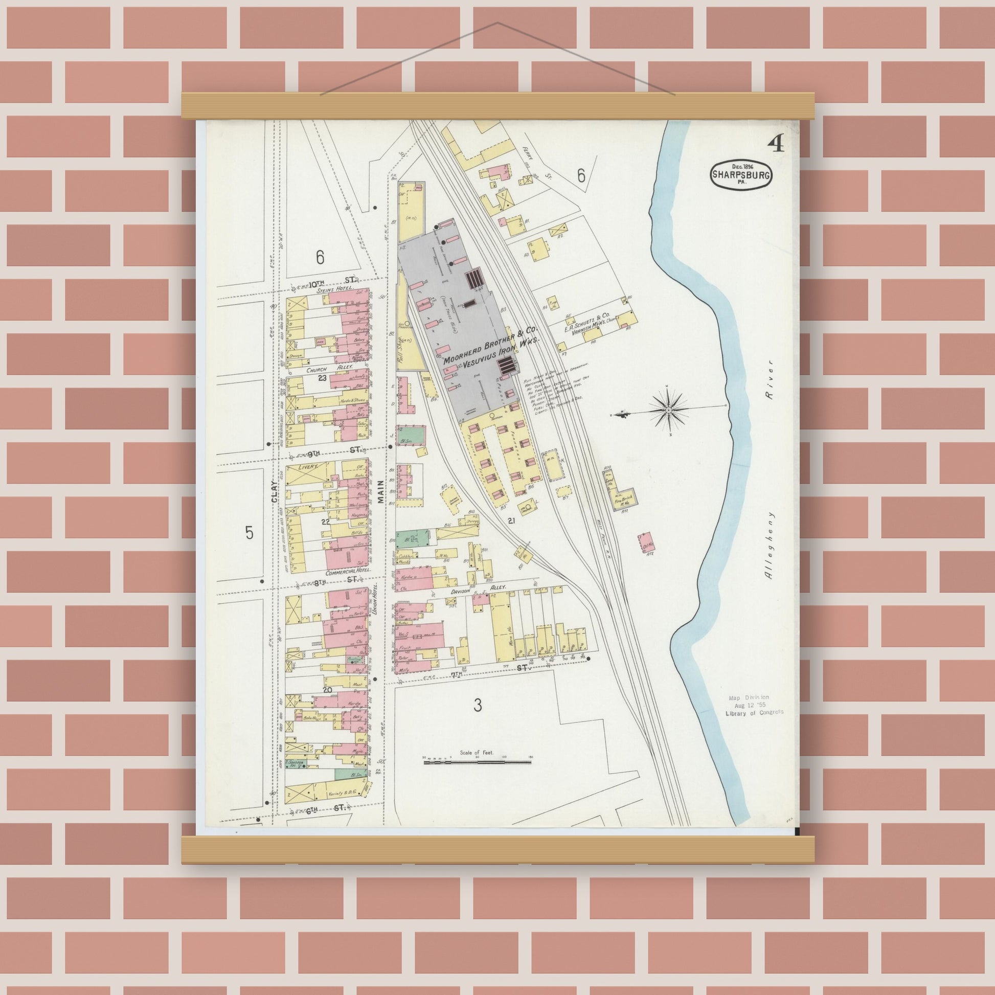 Old map wall art mockup — magnetic wood frame on brick wall — Sanborn Fire Insurance Map from Sharpsburg, Allegheny County, Pennsylvania (1896), Sheet #0004