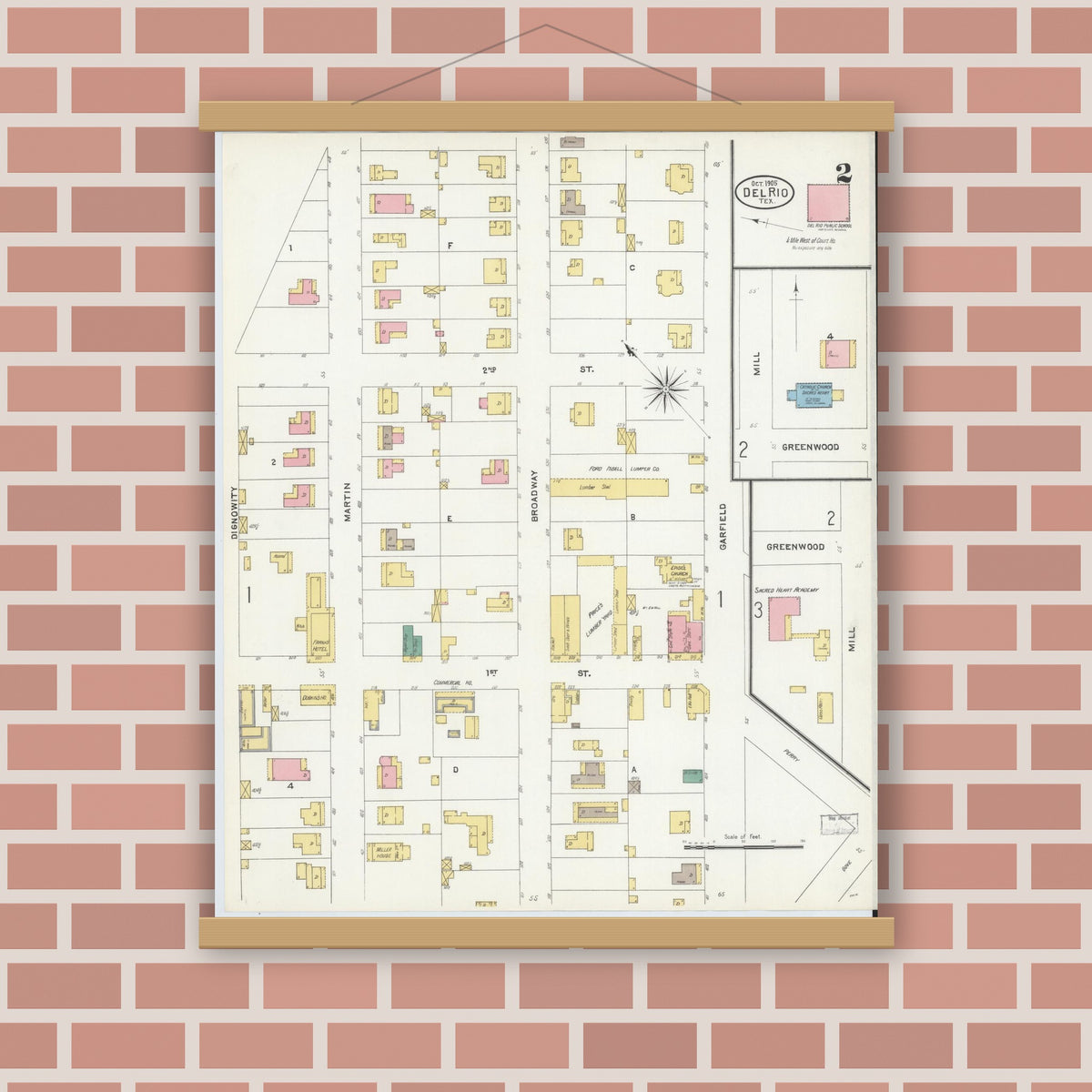 Old map wall art mockup — magnetic wood frame on brick wall — Sanborn Fire Insurance Map from Del Rio, Val Verde County, Texas (1905), Sheet #0002