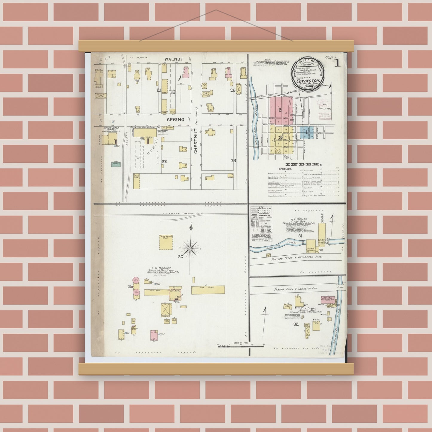 Old map wall art mockup — magnetic wood frame on brick wall — Sanborn Fire Insurance Map from Covington, Miami County, Ohio (1892), Sheet #0001