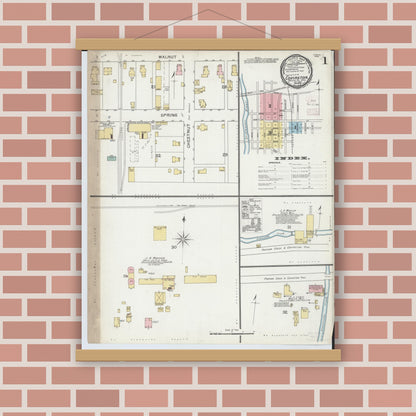 Old map wall art mockup — magnetic wood frame on brick wall — Sanborn Fire Insurance Map from Covington, Miami County, Ohio (1892), Sheet #0001