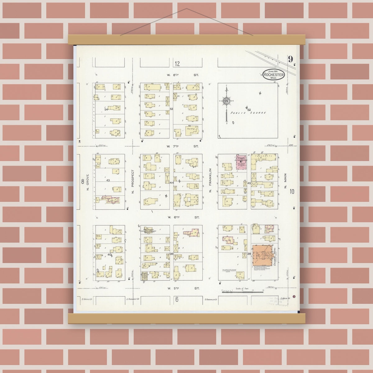 Old map wall art mockup — magnetic wood frame on brick wall — Sanborn Fire Insurance Map from Rochester, Olmsted County, Minnesota (1914), Sheet #0009
