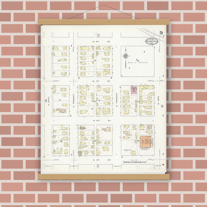 Old map wall art mockup — magnetic wood frame on brick wall — Sanborn Fire Insurance Map from Rochester, Olmsted County, Minnesota (1914), Sheet #0009