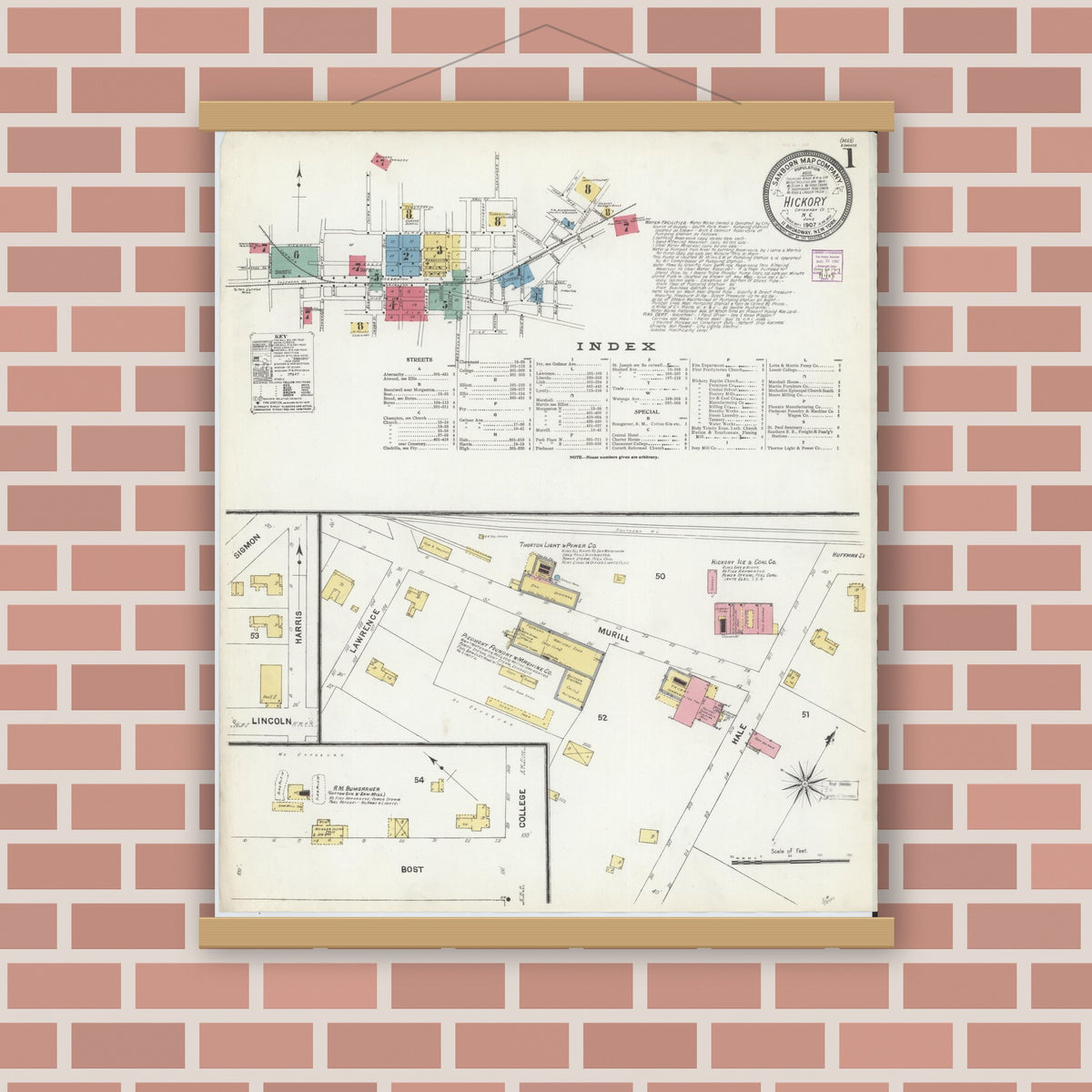 Old map wall art mockup — magnetic wood frame on brick wall — Sanborn Fire Insurance Map from Hickory, Catawba County, North Carolina (1907), Sheet #0001