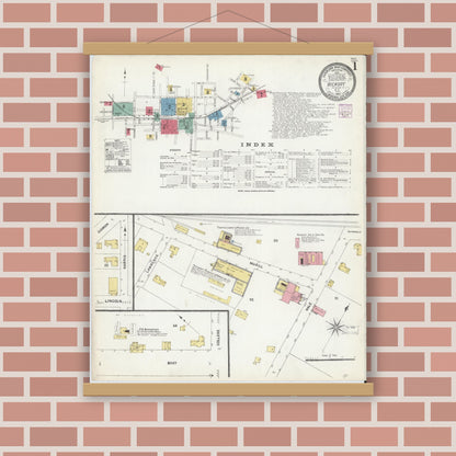 Old map wall art mockup — magnetic wood frame on brick wall — Sanborn Fire Insurance Map from Hickory, Catawba County, North Carolina (1907), Sheet #0001
