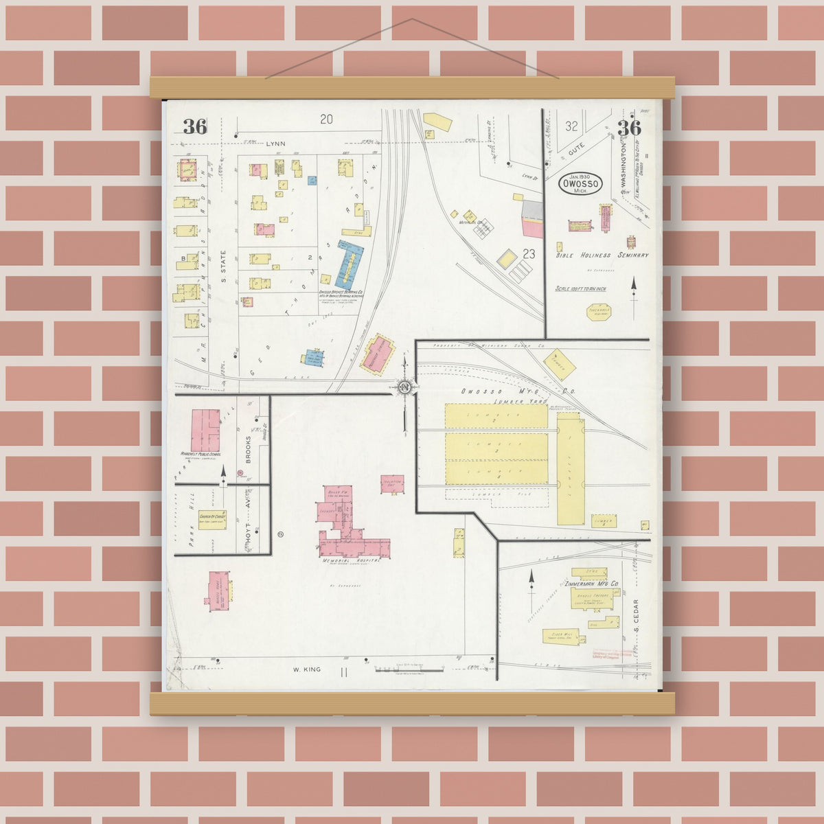 Old map wall art mockup — magnetic wood frame on brick wall — Sanborn Fire Insurance Map from Owosso, Shiawassee County, Michigan (1930), Sheet #0036