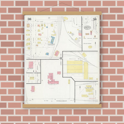 Old map wall art mockup — magnetic wood frame on brick wall — Sanborn Fire Insurance Map from Owosso, Shiawassee County, Michigan (1930), Sheet #0036
