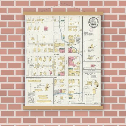 Old map wall art mockup — magnetic wood frame on brick wall — Sanborn Fire Insurance Map from Roanoke, Huntington County, Indiana (1901), Sheet #0001