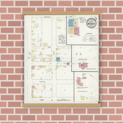 Old map wall art mockup — magnetic wood frame on brick wall — Sanborn Fire Insurance Map from West Union, Adams County, Ohio (1912), Sheet #0001