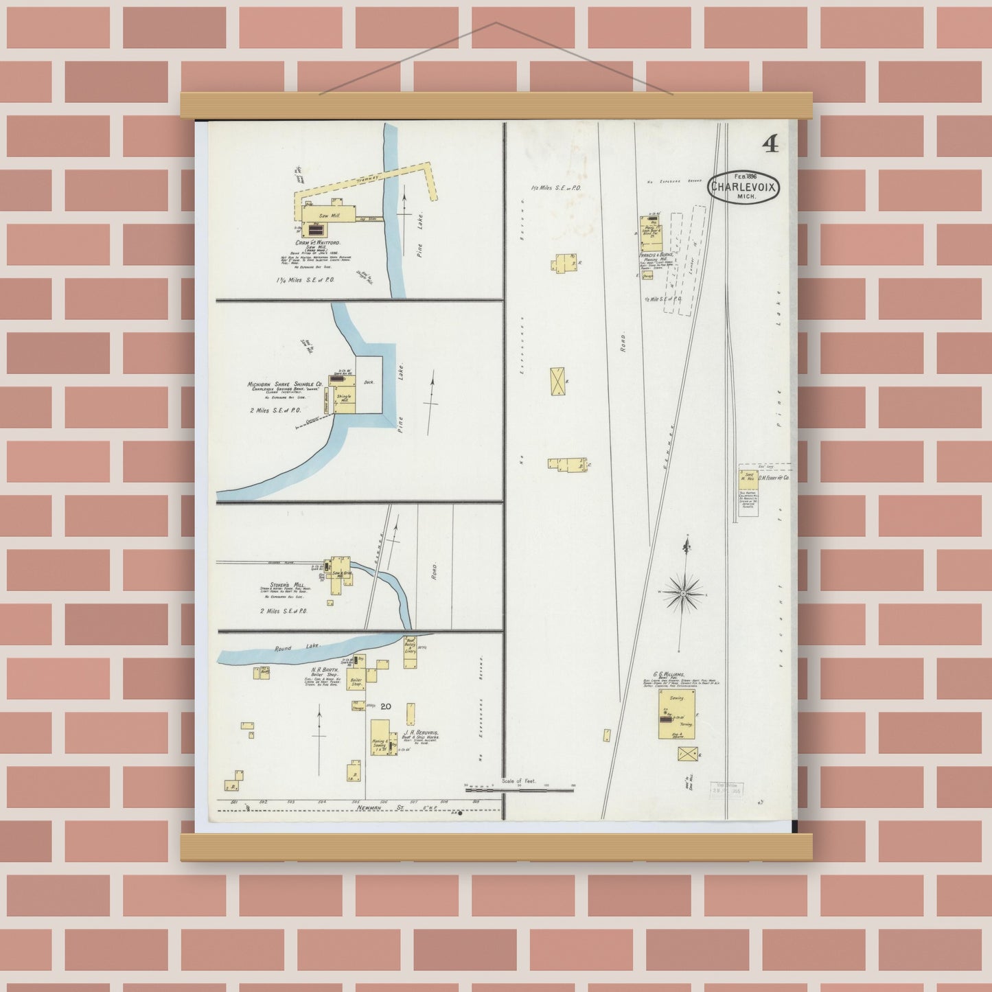 Old map wall art mockup — magnetic wood frame on brick wall — Sanborn Fire Insurance Map from Charlevoix, Charlevoix County, Michigan (1896), Sheet #0004