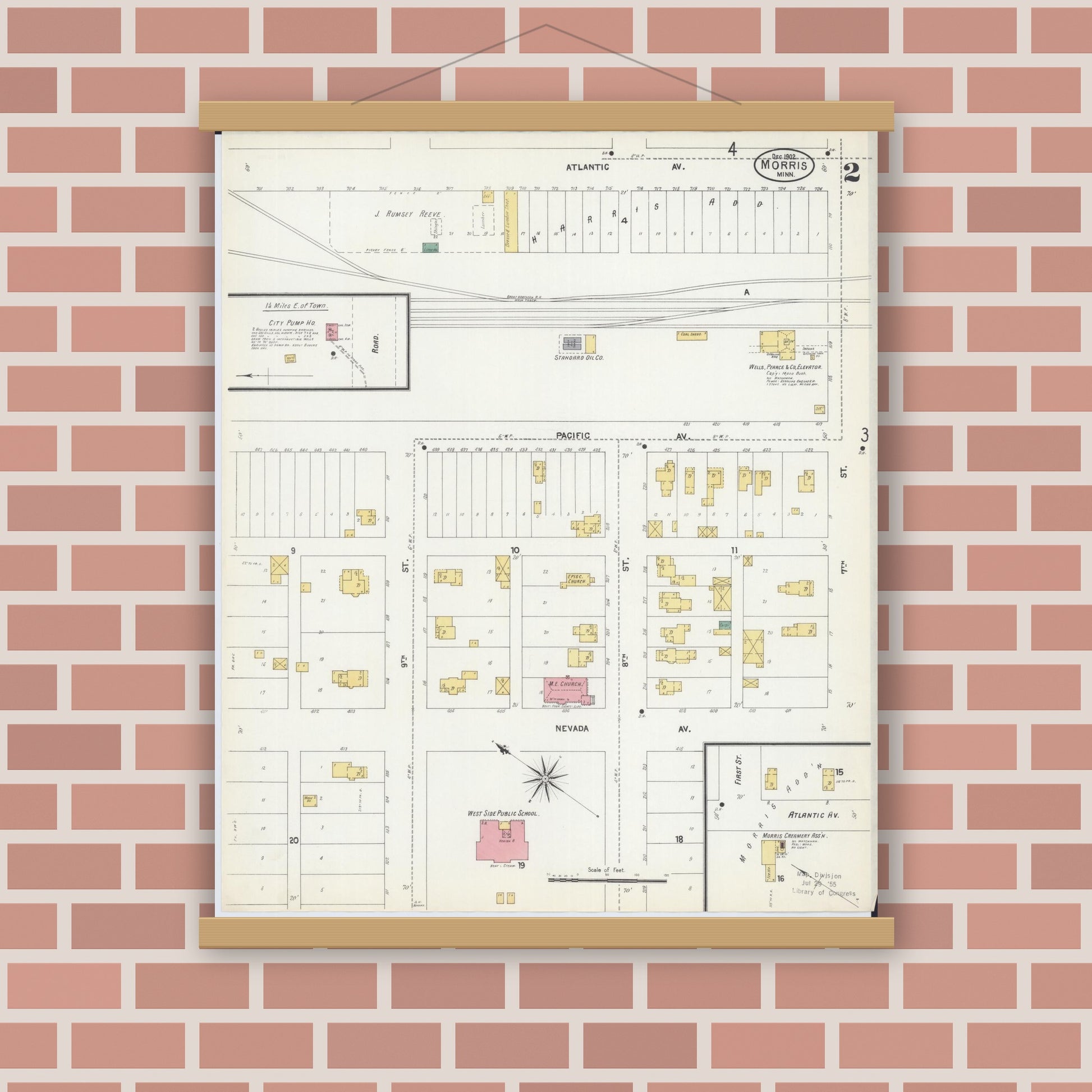 Old map wall art mockup — magnetic wood frame on brick wall — Sanborn Fire Insurance Map from Morris, Stevens County, Minnesota (1902), Sheet #0002