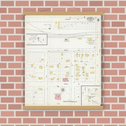Old map wall art mockup — magnetic wood frame on brick wall — Sanborn Fire Insurance Map from Morris, Stevens County, Minnesota (1902), Sheet #0002